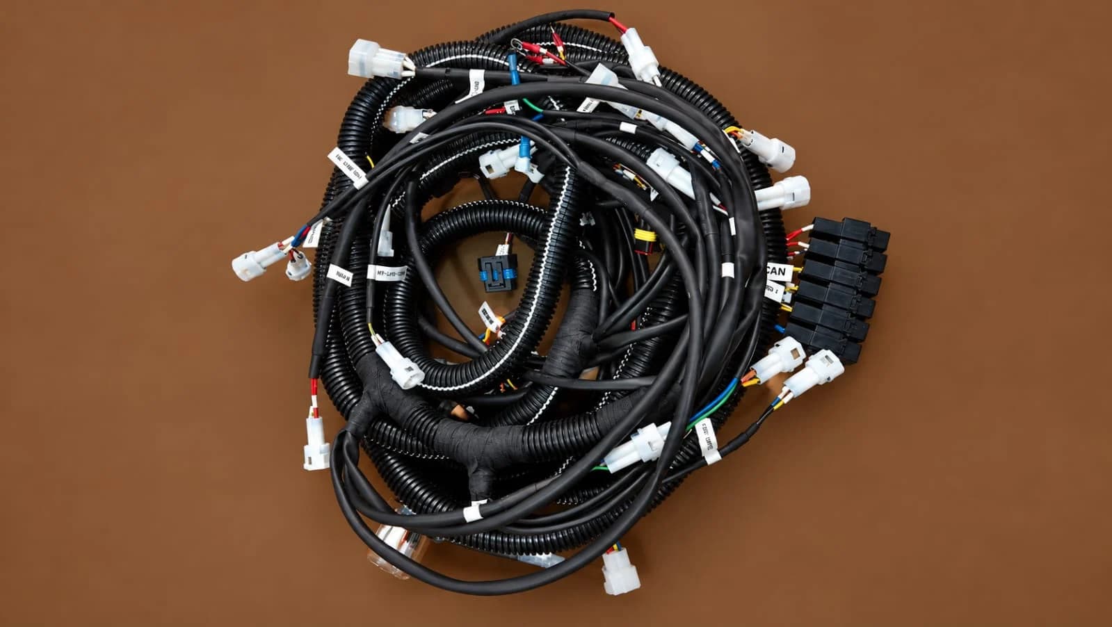 A sleeved power harness with labelled branches and connectors.